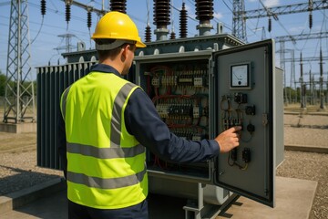 Power Plant Specialist at Work: A skilled technician inspects and maintains critical electrical equipment, embodying expertise in a bustling power plant environment.