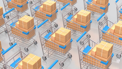 The Shopping cart and cardboard box for Delivery or sale concept 3d Rendering.