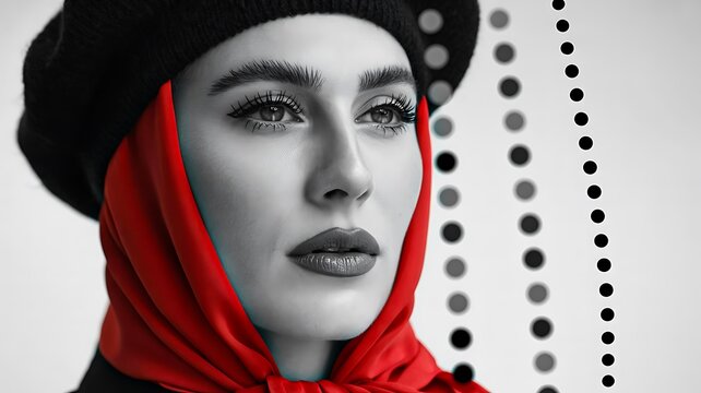 Elegant woman portrait in black and white with red scarf fashion photo - Powered by Adobe