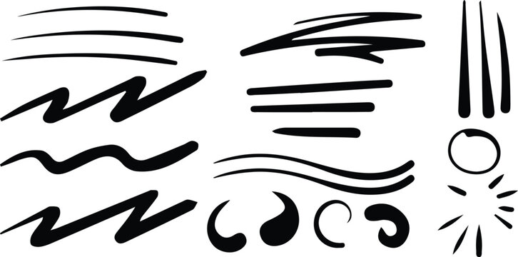 Collection of black hand drawn brush strokes and shapes on white background abstract artistic