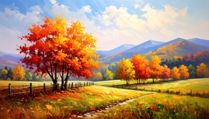 Naklejka premium Vibrant Autumn Landscape Painting