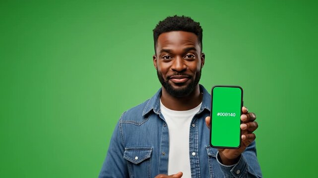 Smiling African American Man Waving and Presenting Smartphone with Green Screen and Hex Color Code on Chroma Key Background