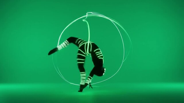 Silhouette of a flexible performer bound in glowing ropes, contorting within a luminous green circle.