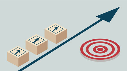 Three Beige Cubes with Upward Arrows Progressing Towards a Target.