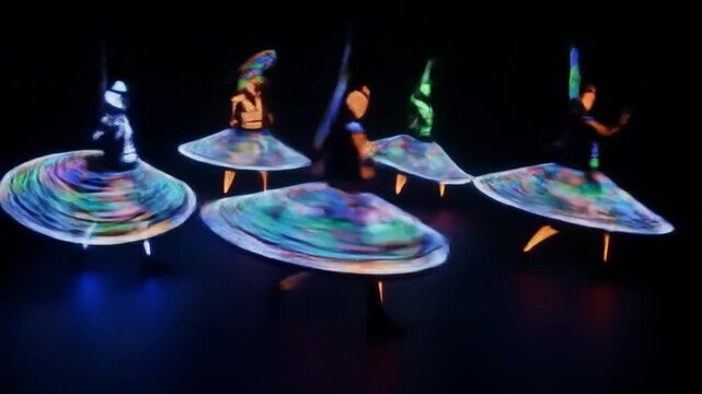 Whirling dervishes in vibrant, illuminated costumes perform a mesmerizing dance.
