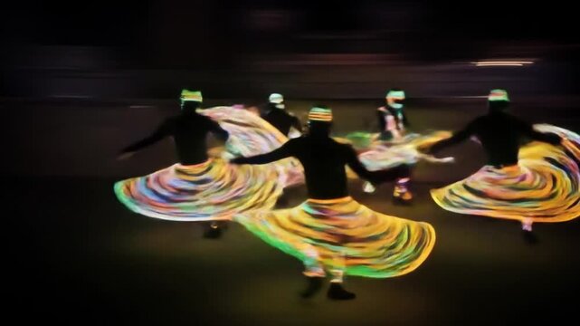 Whirling dervishes perform a mesmerizing nighttime Sufi dance with illuminated skirts.