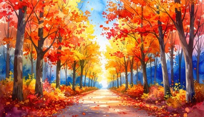 Vibrant Autumn Forest Watercolor