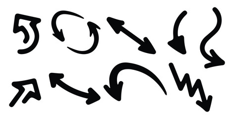 Collection of ten black hand drawn arrows pointing in various directions on white background graphic