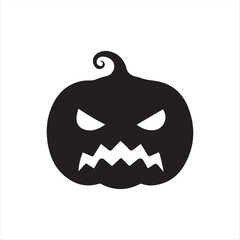 Halloween pumpkin icons, each carved with different spooky expressions: angry, scary, surprised, mischievous, and laughing. Solid black silhouette style, simple and minimal, isolated on white backgrou