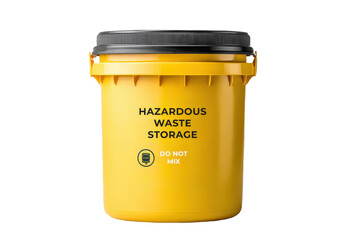 A yellow container labeled "Hazardous Waste Storage" with clear safety instructions.