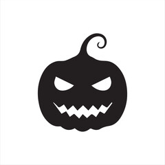 Halloween pumpkin icons, each carved with different spooky expressions: angry, scary, surprised, mischievous, and laughing. Solid black silhouette style, simple and minimal, isolated on white backgrou