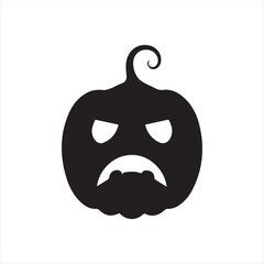 Halloween pumpkin icons, each carved with different spooky expressions: angry, scary, surprised, mischievous, and laughing. Solid black silhouette style, simple and minimal, isolated on white backgrou