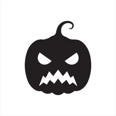 Halloween pumpkin icons, each carved with different spooky expressions: angry, scary, surprised, mischievous, and laughing. Solid black silhouette style, simple and minimal, isolated on white backgrou
