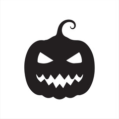 Halloween pumpkin icons, each carved with different spooky expressions: angry, scary, surprised, mischievous, and laughing. Solid black silhouette style, simple and minimal, isolated on white backgrou
