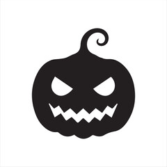 Halloween pumpkin icons, each carved with different spooky expressions: angry, scary, surprised, mischievous, and laughing. Solid black silhouette style, simple and minimal, isolated on white backgrou