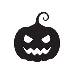 Halloween pumpkin icons, each carved with different spooky expressions: angry, scary, surprised, mischievous, and laughing. Solid black silhouette style, simple and minimal, isolated on white backgrou