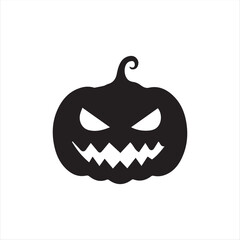 Halloween pumpkin icons, each carved with different spooky expressions: angry, scary, surprised, mischievous, and laughing. Solid black silhouette style, simple and minimal, isolated on white backgrou