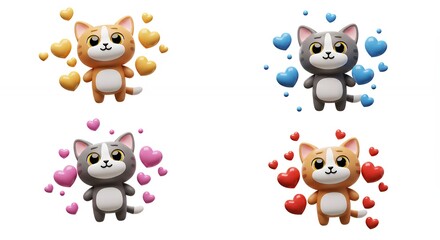 Obraz premium Four cute cartoon cats with hearts