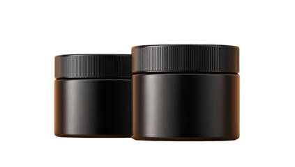 Two black matte cylindrical jars with ribbed lids,  on a black background.  A subtle warm light highlights the jars