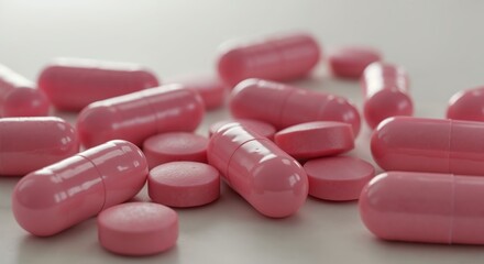Medication Capsule: An assortment of pink pills and capsules, meticulously captured, offering a glimpse into the realm of healthcare and medicinal solutions.