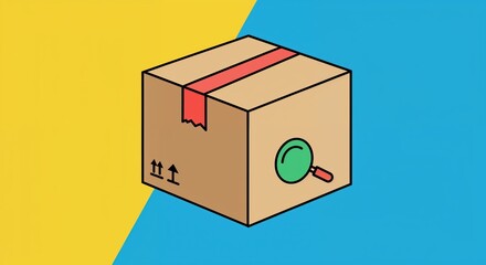 Inspection of Delivery: A close-up, isometric perspective of a cardboard package, with a magnifying glass overlayed, the image evokes curiosity and anticipation of the contents within.