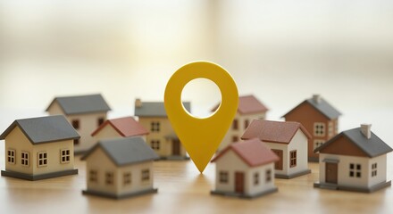Location and housing: A conceptual image showcasing the connection between location and housing. A map pointer directs the eye amidst a collection of miniature houses.