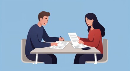 Obraz premium Business Collaboration: A man and woman meticulously review documents together at a table, engaged in a thoughtful discussion, showcasing the essence of teamwork and collaborative endeavor. 