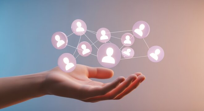 Network Connections: A hand cradles a luminous network of connected people icons, illustrating the power of social interaction in a modern business landscape.