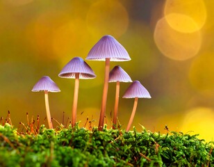 Fototapeta premium Tiny mushrooms on moss in autumnal light