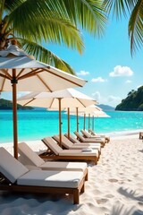 Obraz premium Luxury umbrella-shaded cabanas line a pristine beach, turquoise water sparkling in the background Relaxing resort vibes, perfect for vacation brochures and travel websites , waves, beach
