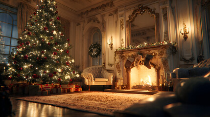 Cozy Christmas scene with lit tree, fireplace, and stockings creating warm holiday atmosphere for festive seasonal projects