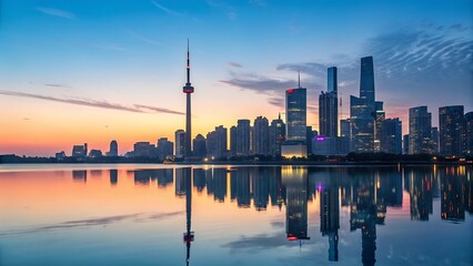 Toronto skyline reflecting on the lake at sunrise