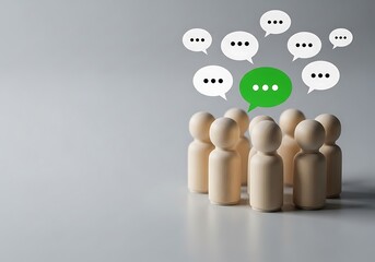 Wooden figures with speech bubbles, including one green, representing communication, ideas, and group discussions with space