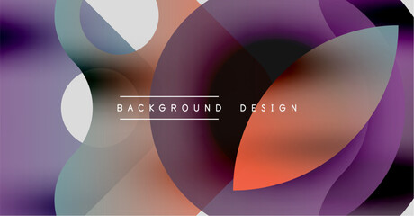 Abstract shapes overlap, creating vibrant purple, orange hues. Modern design elements suggest fluid motion, dynamic composition.