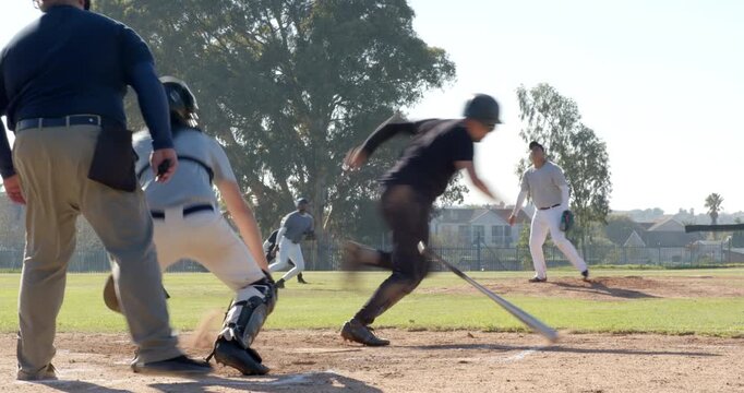 Pitcher delivering fastball from mound, catcher tagging sliding runner home plate to record out