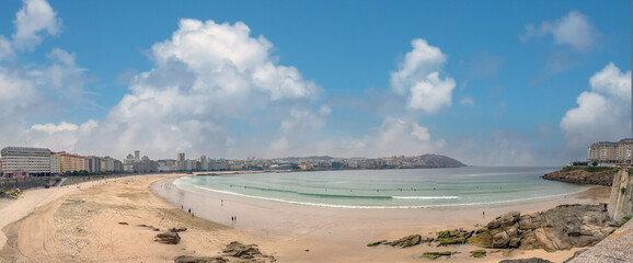 Panoramic view of the beaches in the city of La Coruña (Praia de Orzán and Praia de Riazor) from its ocean front promenade (Paseo Marítimo), La Coruña, Galicia, Spain