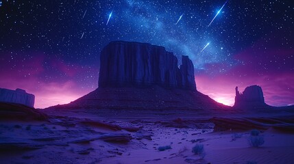 Majestic Desert Landscape Under Starry Night Sky with Meteors