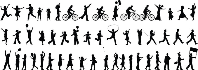 Children playing, active kids, jumping, running, cycling, holding balloons, skipping rope, happy kids, outdoor fun, energetic children, silhouette figures