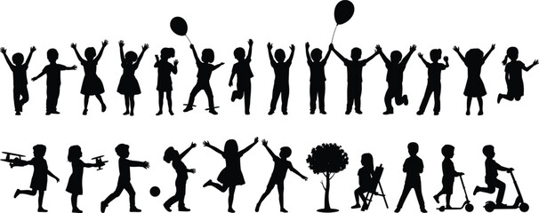 Children silhouettes, kids playing, running, jumping, holding balloons, outdoor fun, playground activities, happy childhood moments, boys and girls together, family illustration