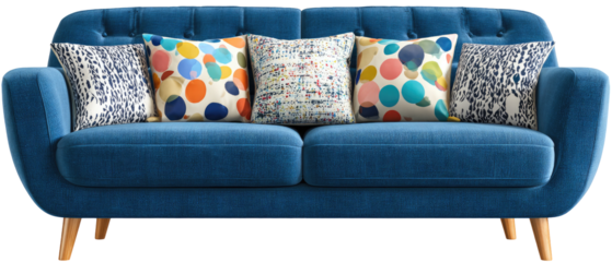 A vibrant cobalt blue sofa with colorful patterned throw pillows.  It features button tufting, and light-colored wooden legs