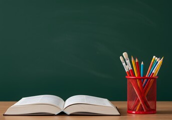A Captivating Close-Up of an Open Book Next to a Container of Colorful Writing Utensils on Wooden Desk
