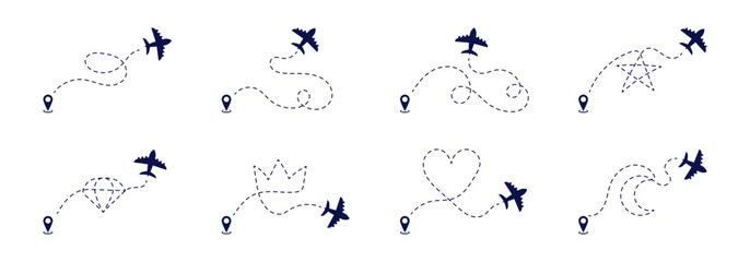 Set of unique airplane flight paths forming various shapes, including a heart, star and crown.