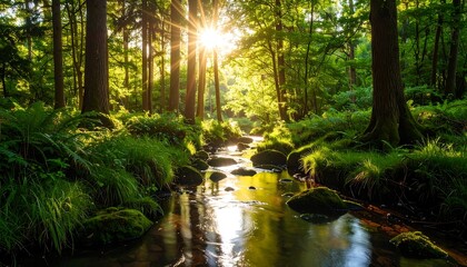 Fototapeta premium Sunlight streams through a lush forest, illuminating a clear stream