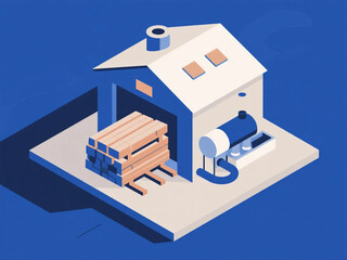 Vector isometric design of lumber drying kiln with stacked planks and industrial ventilation system