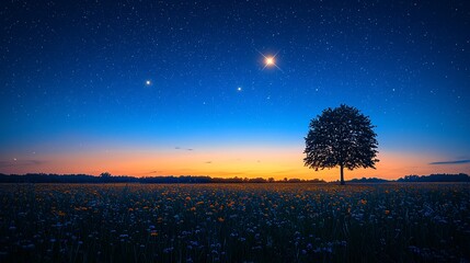 Fototapeta premium Tranquil Landscape At Dusk With Bright Stars And Lone Tree