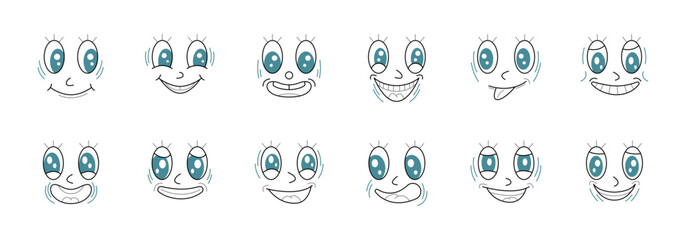 Set of different cartoon faces each expressing a unique happy emotion.