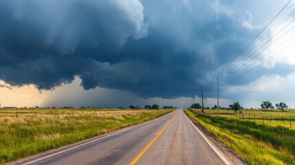 Dramatic storm clouds loom over a deserted highway, showcasing nature's power and tranquility in the landscape