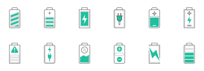 a collection of battery icons illustrating different charge levels, from full to empty, including warning and charging states.