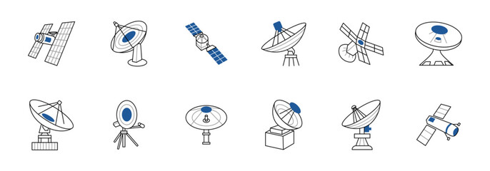 A collection of line art icons depicting various types of satellite dishes and spacecraft.