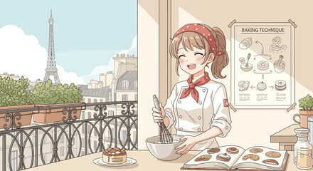 Anime pastry chef baking delightful desserts with a Parisian vista backdrop
